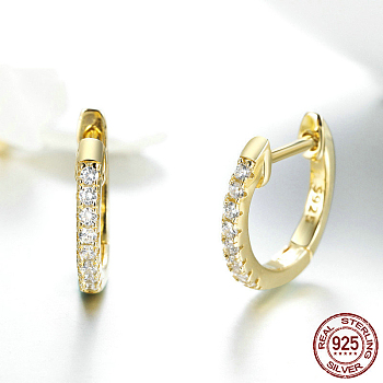 925 Sterling Silver Cubic Zirconia Hoop Earrings, with 925 Stamp, Ring, Clear, Real 18K Gold Plated, 13mm