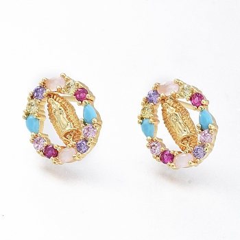 Brass Micro Pave Cubic Zirconia Ear Studs, Long-Lasting Plated, Oval with Virgin Mary, Golden, Colorful, 13x11mm, Pin: 0.8mm