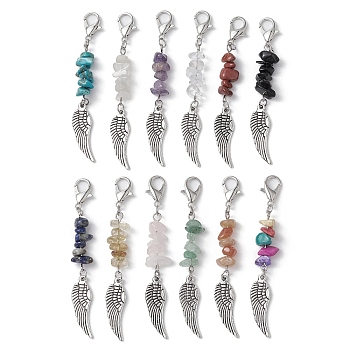 Natural & Synthetic Gemstone Chips Pendant Decorations, with Alloy Lobster Claw Clasps and Wing Pendant, 78~79mm, 12pcs/set.