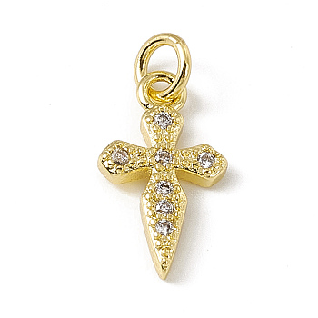 Brass Micro Pave Cubic Zirconia Charms, with Jump Rings, Religion Cross Charm, Real 18K Gold Plated, 14.5x8x2mm, Hole: 2.7mm