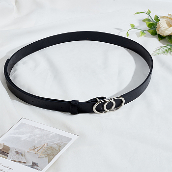 PU Imitation Leather Chain Belts, with Alloy Buckles, Double Rings, Platinum, Black, 1070x28.5x18mm