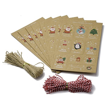 Christmas Paper Gift Tags, with Cotton Threads and Jute Rope, Santa Claus & Christmas Tree & Gift Box, Mixed Patterns, 2.7~7x4~8x0.05cm, Hole: 5.5mm, 10pcs/sheet, 10 sheets/set