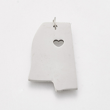 201 Stainless Steel Pendants, Map of Mississippi, Stainless Steel Color, 25.5x16x1mm, Hole: 3mm