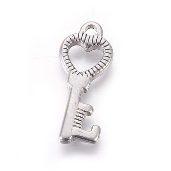 304 Stainless Steel Pendants, Key, Antique Silver, 26.5x10.5x2mm, Hole: 2mm