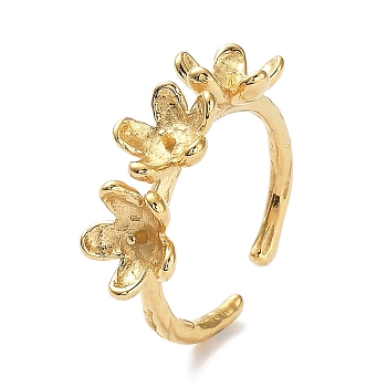304 Stainless Steel Flower Open Cuff Ring Findings, Ring Settings for Half Drilled Beads, Real 18K Gold Plated, Inner Diameter: 18mm, Tray: 7.5x8mm, Pin: 1mm