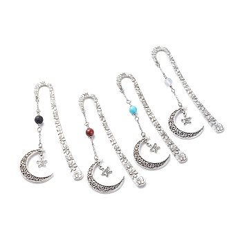 Tibetan Style Alloy Hook Bookmarks, Star & Moon Pendant Bookmark, with Gemstone Beads, 304 Stainless Steel Cable Chains, 125mm