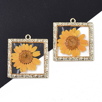 Epoxy Resin Pendants, with Dried Flower Inside and Light Gold Plated Alloy Open Back Bezel, Square, Orange, 34x30x2mm, Hole: 1.8mm