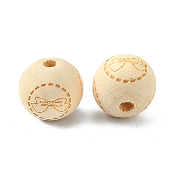 Natural Theaceae Wood Beads, Laser Engraved, Round with Bowknot Pattern, BurlyWood, 20mm, Hole: 5mm, 20pcs/bag