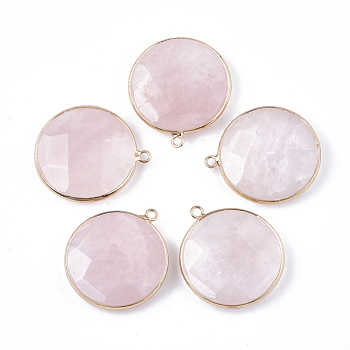Natural Rose Quartz Pendants, with Brass Findings, Faceted, Flat Round, Golden, 35.5x31x8mm, Hole: 2mm