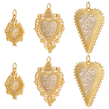 6Pcs 3 Style Rack Plating Brass Micro Pave Clear Cubic Zirconia Pendants, Long-Lasting Plated, with Jump Ring, Sacred Heart Charm, Real 18K Gold Plated, 23~31.5x18~24x2.5~4.3mm, Hole: 3~3.5mm, 2pcs/style
