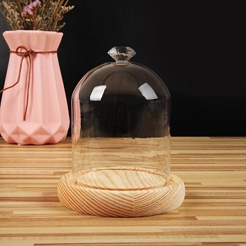 Diamond Shaped Top Clear Glass Dome Cover, Decorative Display Case, Cloche Bell Jar Terrarium with Wood Base, BurlyWood, 90x130mm