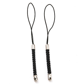Polyester Cord Mobile Straps, with Platinum Plated Iron Findings, Black, 8~9cm