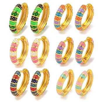 Rack Plating Brass Hoop Earrings, with Stripe Enamel, Cadmium Free & Lead Free, Long-Lasting Plated, Real 18K Gold Plated, Mixed Color, 19x4.5mm