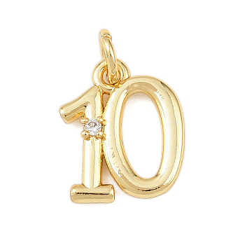Brass Micro Pave Clear Cubic Zirconia Charms, Number 10, with Jump Ring, Cadmium Free & Lead Free, Rack Plating, Long-Lasting Plated, Real 18K Gold Plated, 14~15x4.5~11x2mm, Hole: 3mm