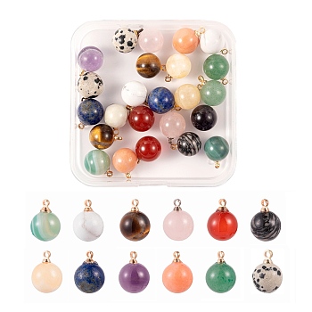 24Pcs 12 Style Natural Gemstone Charms, with Platinum & Golden Brass Loops, Round, 14x10.5mm, Hole: 1.5mm, 2pcs/style