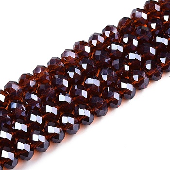 Electroplate Glass Beads Strands, Pearl Luster Plated, Faceted, Rondelle, Coconut Brown, 10x8mm, Hole: 1mm, about 63~65pcs/strand, 49~50cm