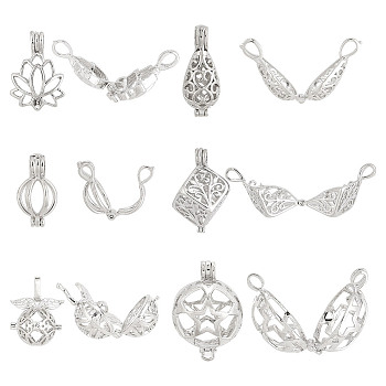 12Pcs 6 Styles Rack Plating Brass Cage Pendants, for Chime Ball Charms Necklaces Making, Platinum, 21~33.5x11.523x10.5~17.5mm, Hole: 2~6x2.5~8.5mm, inner measure: 9~20mm, 2pcs/style