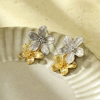 304 Stainless Steel Flower Stud Earrings for Women, Golden & Stainless Steel Color, 41x25.5mm