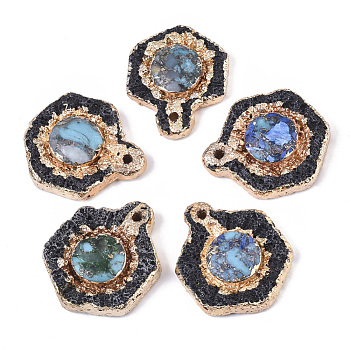 Assembled Natural Lava Rock and Synthetic Regalite/Imperial Jasper/Sea Sediment Jasper Pendants, with Edge Light Gold Plated, Hexagon, Mixed Color, 35~38x30~31x7~9mm, Hole: 2mm