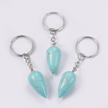 Synthetic Turquoise Keychain, with Iron Key Rings, Platinum, teardrop, 80.5mm, Pendant: 33.5x15.5mm