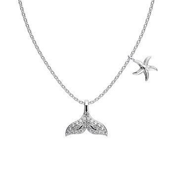 Rhodium Plated Summer Beach 925 Sterling Silver Micro Pave Clear Cubic Zirconia Cable Chain Whale Tail & Starfish Pendant Necklaces, Real Platinum Plated, 15.75 inch(40cm)