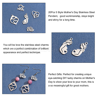 Elite 20Pcs 5 Style Mother's Day 201 Stainless Steel & 304 Stainless Steel Pendants(STAS-PH0003-97)-6