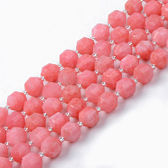 Natural Rhodochrosite Beads Strands, Round, Dyed, Faceted, 8~9x10mm, Hole: 1.2mm, about 35~36pcs/strand, 14.76~14.96 inch(37.5~38cm)(G-R482-05-10mm)