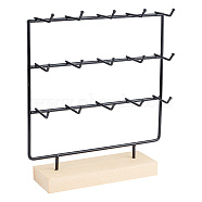 3-Tier 15-Hook Iron Earring Display Card Stands, Jewelry Organizer Holder for Earring Storage, with Wood Basement, Rectangle, Black, Finish Product: 24x6.5x27.5cm(EDIS-WH0016-053A)
