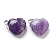 Natural Amethyst Pendants, Heart Charms with Platinum Tone Brass Findings, 15~16x16~16.5x7.5mm, Hole: 2.5~4x4~7mm(G-K371-02P-04)