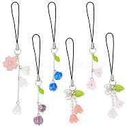 Lily of the Valley Acrylic Mobile Straps, with Alloy Enamel Charms and Polyester Cord Mobile Accessories Decoration, Mixed Color, 9.8~12.5cm, 6pcs/set(HJEW-AB00627)