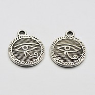 Tibetan Style Alloy Pendants, Flat Round with Horus Eye Pattern, Lead Free & Nickel Free, Antique Silver, 18x15x2mm, Hole: 2mm(TIBEP-M028-01AS-FF)