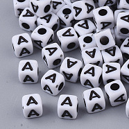 White Opaque Acrylic Beads, Horizontal Hole, Cube with Black Alphabet, Letter.A, 4~5x4~5x4~5mm, Hole: 1.8mm, about 258~260pcs/20g(Y-MACR-R869-02A)