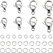 80Pcs 4 Styles 304 Stainless Steel Lobster Claw Clasps, 150Pcs Open Jump Rings, Stainless Steel Color, 9~13x6~8x3~4mm, Hole: 1~1.5mm, 20Pcs/style(STAS-SC0007-11)
