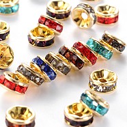 Brass Grade A Rhinestone Spacer Beads, Golden Plated, Rondelle, Nickel Free, Mixed Color, 7x3.2mm, Hole: 1.2mm(RSB037NFG)