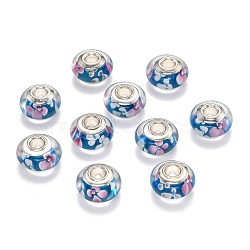 Flower Pattern Handmade Lampwork European Rondelle Beads, with Silver Tone Brass Cores, Large Hole Beads, Dodger Blue, 14~15x8mm, Hole: 4.5mm(X-LPDL-R005-10)
