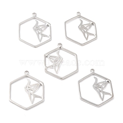 Alloy Hollow Pendants, Hexagon with Paper Crane, Platinum, 25.5x20x1mm, Hole: 1.8mm(PALLOY-P239-04P)