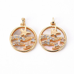 Brass Micro Pave Clear Cubic Zirconia Charms, with Shell, Flat Round with Starfish, Nickel Free, Real 18K Gold Plated, 20.5x13.5x2mm, Hole: 1mm(KK-Q765-022-NF)