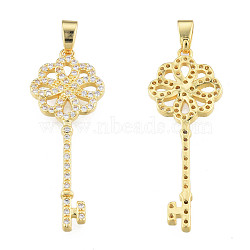 Brass Micro Pave Clear Cubic Zirconia Pendants, Nickel Free, Key, Real 18K Gold Plated, 33x12x2mm, Hole: 2.5x5mm(KK-N227-101LG)