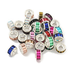 Brass European Beads, with Glass, Large Hole Beads, Long-Lasting Plated, Lead Free & Cadmium Free, Flat Round, Mixed Color, Silver, 9.5x5.5mm, Hole: 4mm(KKB-L215-028S)