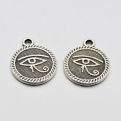 Tibetan Style Alloy Pendants, Flat Round with Horus Eye Pattern, Lead Free & Nickel Free, Antique Silver, 18x15x2mm, Hole: 2mm(TIBEP-M028-01AS-FF)