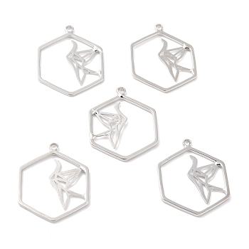 Alloy Hollow Pendants, Hexagon with Paper Crane, Platinum, 25.5x20x1mm, Hole: 1.8mm