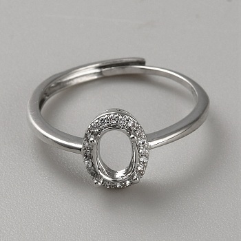 Sterling Silver Open Cuff Ring Findings, Earring Settings, Platinum, Tray: 6x4mm, US Size 7 1/4(17.5mm), 9.5mm