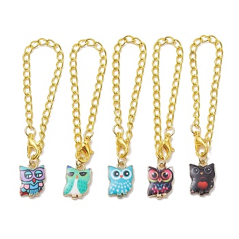 Alloy Enamel Pendant Decorations, with Iron Chains, Owl, Mixed Color, 128mm, 5pcs/set