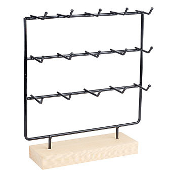 3-Tier 15-Hook Iron Earring Display Card Stands, Jewelry Organizer Holder for Earring Storage, with Wood Basement, Rectangle, Black, Finish Product: 24x6.5x27.5cm