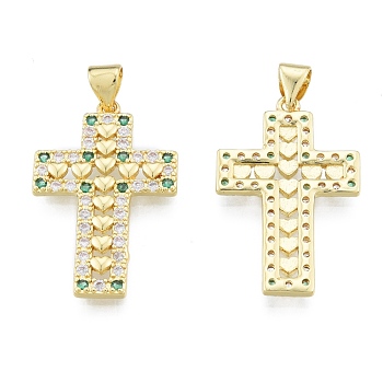 Brass Micro Pave Cubic Zirconia Pendants, Real 18K Gold Plated, Cross, Green, 27x17x2mm, Hole: 3.5x4mm