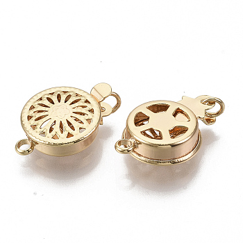 Brass Box Clasps, with Jump Rings, Nickel Free, Flat Round with Flower, Real 18K Gold Plated, 17x12x5mm, Hole: 1.8mm