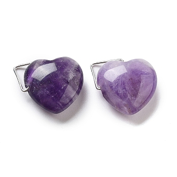 Natural Amethyst Pendants, Heart Charms with Platinum Tone Brass Findings, 15~16x16~16.5x7.5mm, Hole: 2.5~4x4~7mm