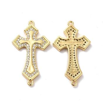 Brass Micro Pave Clear Cubic Zirconia Connetor Charms, Religion Cross Links, Golden, 30x16.5x2.5mm, Hole: 1.5mm