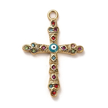 Real 18K Gold Plated 304 Stainless Steel Pendants, with Rhinestone, Cross, Colorful, 40x27x3mm, Hole: 2.5mm