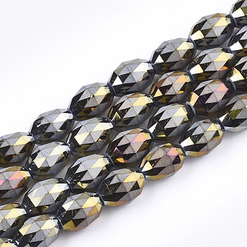 Electroplated Glass Beads Strands, Frosted, Faceted, Oval, Dark Gray, 8x6mm, Hole: 1.2mm, about 70pcs/strand, 22.8 inch
